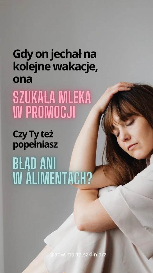 Kiedy Ania do mnie trafiła, była wściekła, zfrustrowana i zrezygnowana.

💬„On mi się śmieje w twarz. Jeździ ciagle na wakacje, płaci śmieszne alimenty, a mnie ledwo starcza do pierwszego”, usłyszałam, gdy w końcu usiadła zdenerwowana. 
💬”Ile Pani dostaje?”
💬”700 zł, ale to za mało. Nie wiem, co zrobiłam nie tak”. 

🔺 Czasem największym błędem nie jest brak dowodów.
🔺 Tylko zła kalkulacja.

Która pomijała oczywiste wydatki, jak np.:
📌 jedzenie w przedszkolu,
📌 leki, których nie refunduje NFZ,
📌 koszty zajęć dodatkowych,
📌 ubrania sezonowe,
📌 a nawet zwykłe środki czystości.

Ania też nie wiedziała, co dokładnie powinna doliczyć.
👉W efekcie, nie uwzględniła wszystkich potrzeb dziecka, gdy 1. raz trafila do sądu. I ich nie wykazała. 

Dopiero, gdy usiadłyśmy razem, analizując wydatki, punkt po punkcie. Krok po kroku.

Ania zobaczyła:
📉 Ile kosztów wcześniej pomijała.
💸 Jak wiele traciła – każdego miesiąca.

👉Gdy razem to wszystko policzyłyśmy — wyszło, że brakowało co miesiąc nawet 900 zł…

A przecież w alimentach chodzi o to, żeby dziecko miało to, czego potrzebuje.
I żeby było finansowane sprawiedliwie💸

Dlatego powstał Kalkulator Alimentów.

✔️ To narzędzie, które krok po kroku pokaże Ci, co doliczyć
✔️ Zawiera ponad 50 kategorii wydatków
✔️ Pomaga uniknąć pomyłek, które mogą kosztować Cię setki złotych
✔️ Działa od razu – po prostu wpisujesz kwoty i widzisz efekt
✔️ Dostajesz jasne, konkretne wyliczenie, z którym możesz iść do sądu, do pełnomocnika, albo na negocjacje

🕒 Promocja trwa jeszcze tylko 2 dni🔥 tylko teraz kupisz go za 59 zł (zamiast 199 zł).

Potem wraca cena regularna.

👉 To nie jest produkt „na potem”.
To narzędzie, które możesz wykorzystać od razu.

👉Napisz ANIA i zdobądź Kalkulator już teraz. Każdy miesiąc odkładania decyzji, to kolejne uciekajace pieniądze. 

#alimenty #alimentynadzieci #kalkulatoralimentów
#rozwód #dzieci #dziecko #rodzina #rozstanie #relacje #relacjedamskomęskie #kobietapo30 #kobietapo40 #kobietykobietom #prawakobiet #sukces #spokój #kobietaniezależna #dlakobiet #świadomakobieta #silnakobieta #siłajeskobietą #szczęśliwakobieta #pieniadze #pieniądze #planowanie #wiedza #wartowiedzieć

Autopromocja